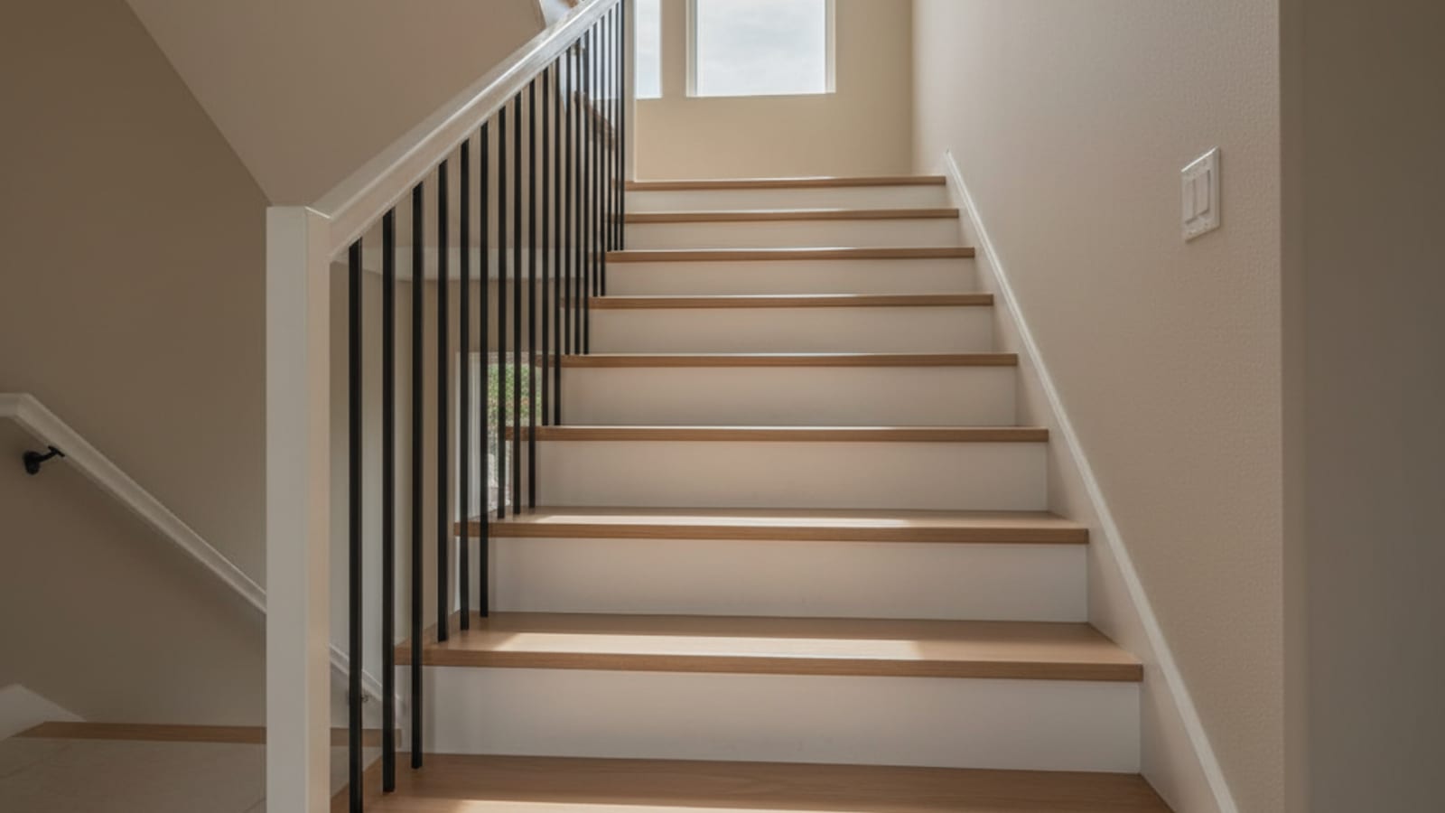 New white oak stair treads installed in a San Diego home with mitered returns and iron balusters