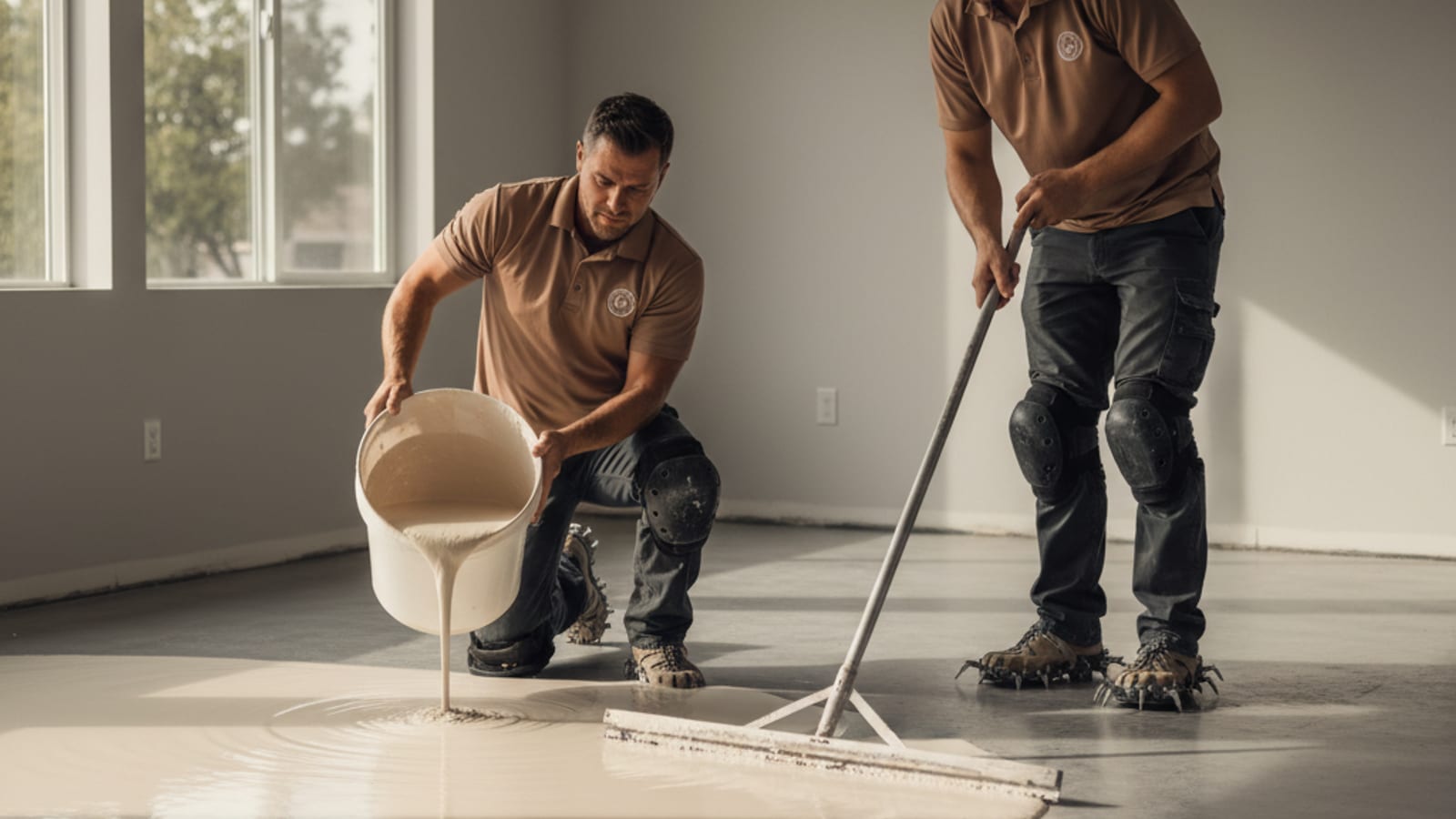 Self-leveling compound being poured and spread on a slab before LVP install