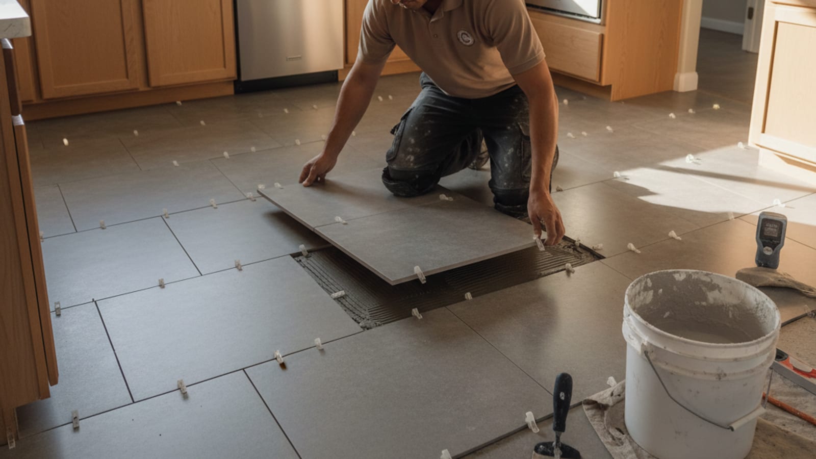 Large-format porcelain tile being set with leveling clips on a San Diego kitchen floor