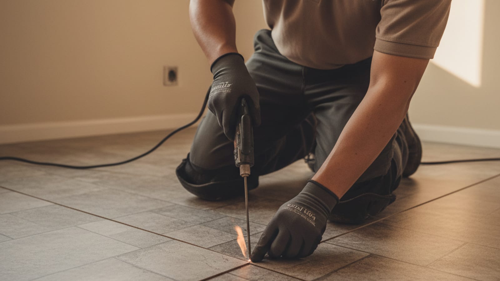 Sheet vinyl flooring being heat-welded along a seam in a laundry room
